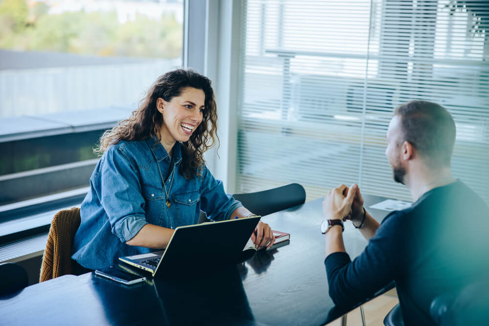 woman talking to a man